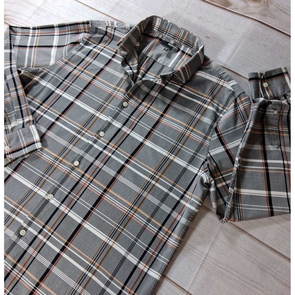 Murano Mens XL Slim Fit Long Sleeve Button Up Shirt Gray Orange Plaid Cotton Top